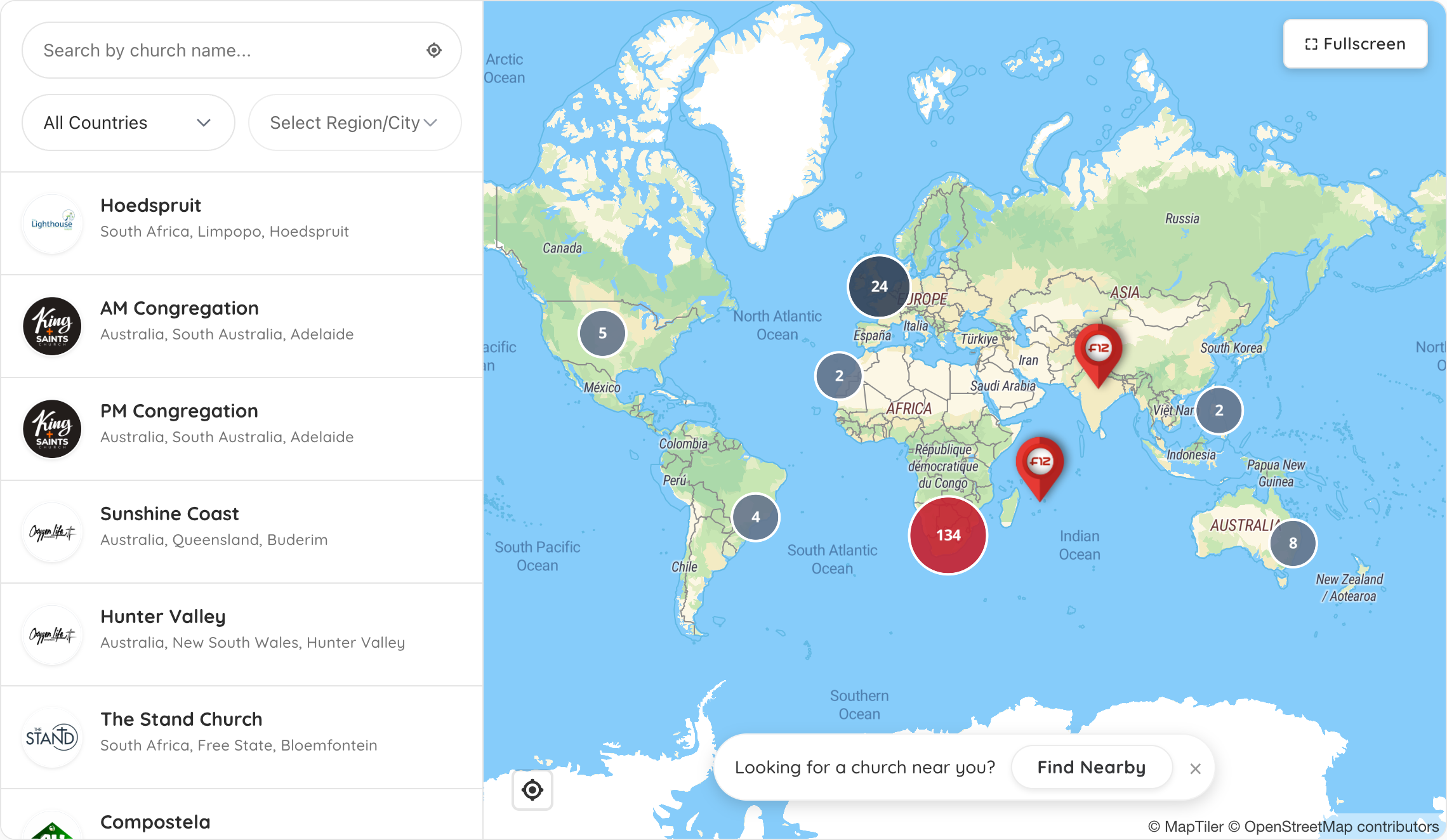 Screenshot placeholder of the partner map interface, including map, filters, and church list.